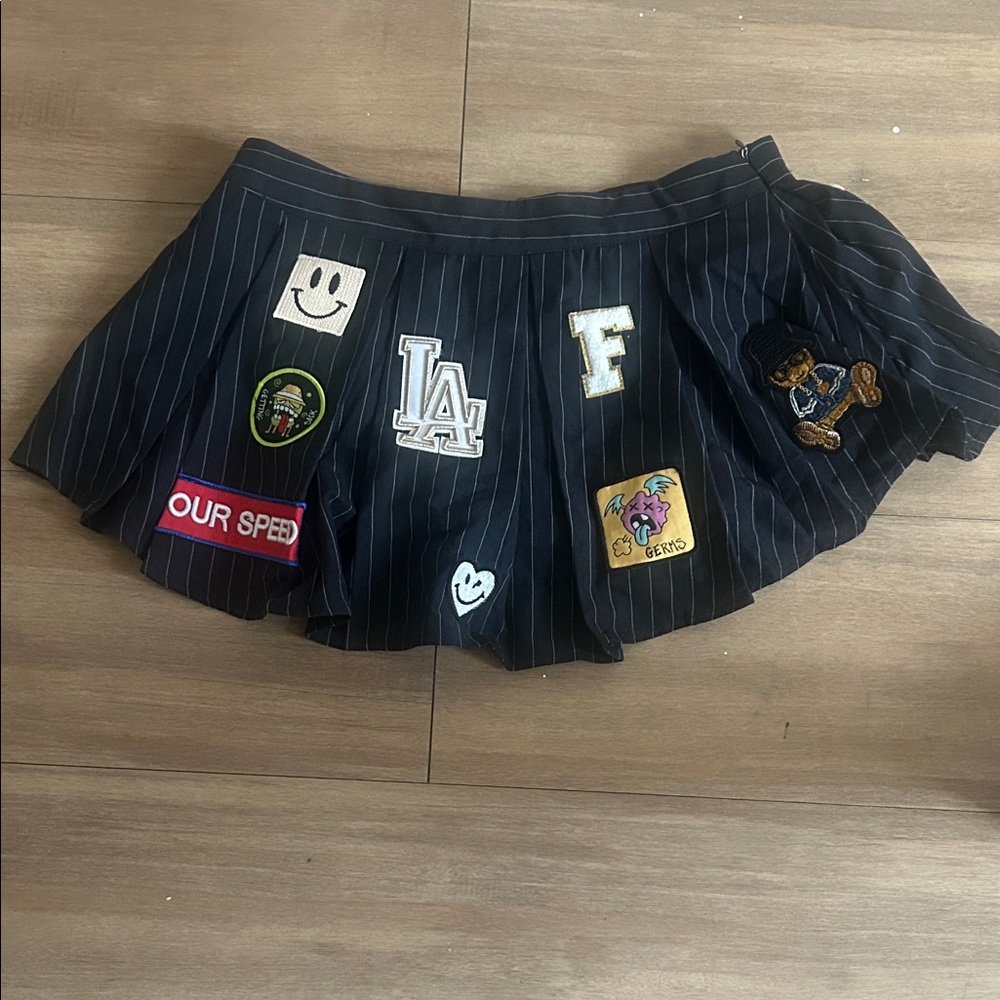 Finesse Black Pinstripe Skirt with Patches